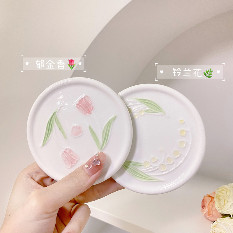 Ceramic Cup Lid-original Design Floral Tulip Lily Of The Valley Underglaze Cup Accessory Lid