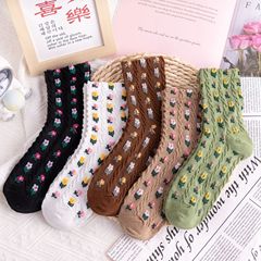 英倫碎花女襪新款立體浮雕鬆口舒適防滑不勒腳復古田園風中筒棉襪