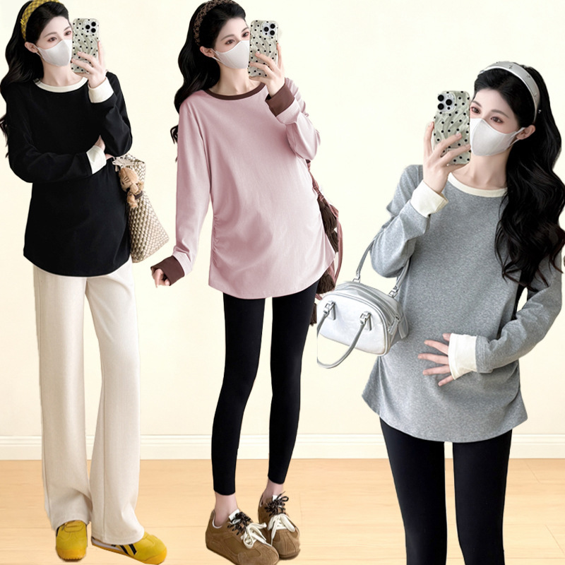 Maternity Wear Autumn and Winter Internet Celebrity Hot Style Splicing Design Double-Sided Velvet Warm Long-Sleeved Pleated Belly-Supporting Slimming Look T-Shirt Maternity Wear Autumn and Winter Internet Celebrity Hot Style Splicing Design Double-Sided Velvet Warm Long-Sleeved Pleated Belly-Supporting Slimming Look T-Shirt