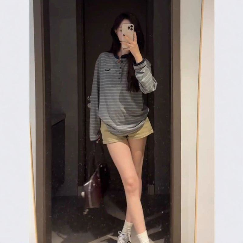 美式复古纽扣领条纹长袖t恤女秋季撞色拼接宽松显瘦百搭情侣上衣|undefined