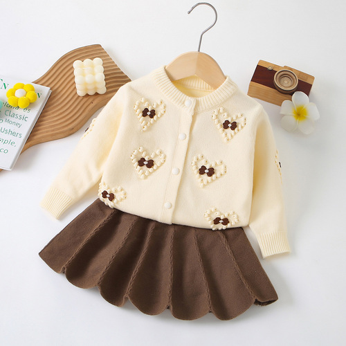 Children's Sweater Girls Baby Autumn and Winter New Fashion Long-sleeved Knitted Top Korean Style Girl's Love Flower Sweater Dress 