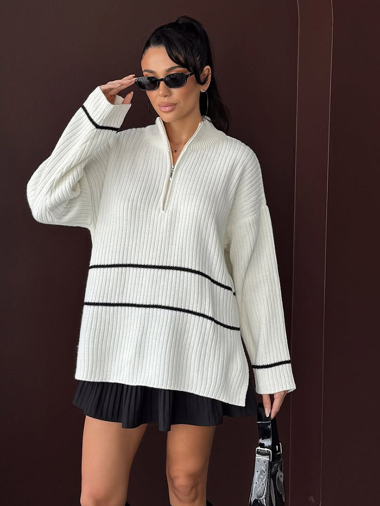 Suéter a rayas de moda con semiacremallera, suéter casual, suéter de color para mujeres 2025, nuevo estilo europeo y americano transfronterizo