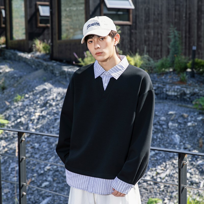 2025 Autumn and Winter New American Trendy Brand High Street Loose Large Size Couple Splicing Fake Two-Piece Pullover Heavy Sweatshirt for Men