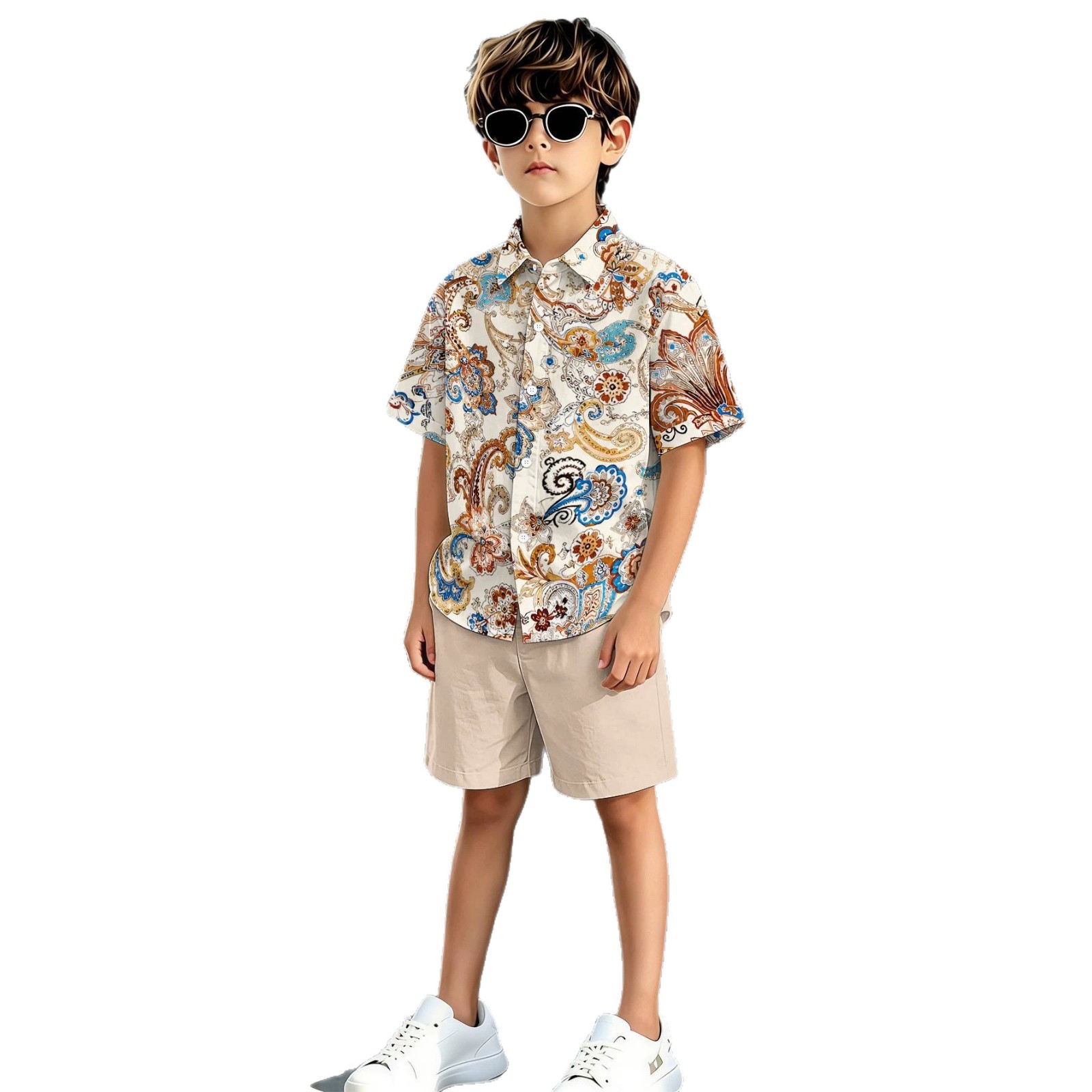 Neues Sommer-Set mit Totem-Print für Jungen: Hemd und Shorts mit Umlegekragen._voghion.com