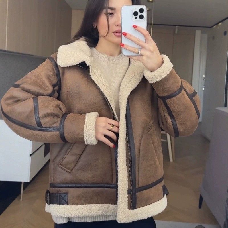 跨境亚马逊直播麂皮烫金外套时尚冬季保暖棕色女装短袖宽松个性翻