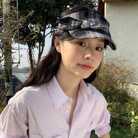 韩系新款格纹蝴蝶结空顶帽子女春夏季日系休闲百搭防晒遮阳鸭舌帽