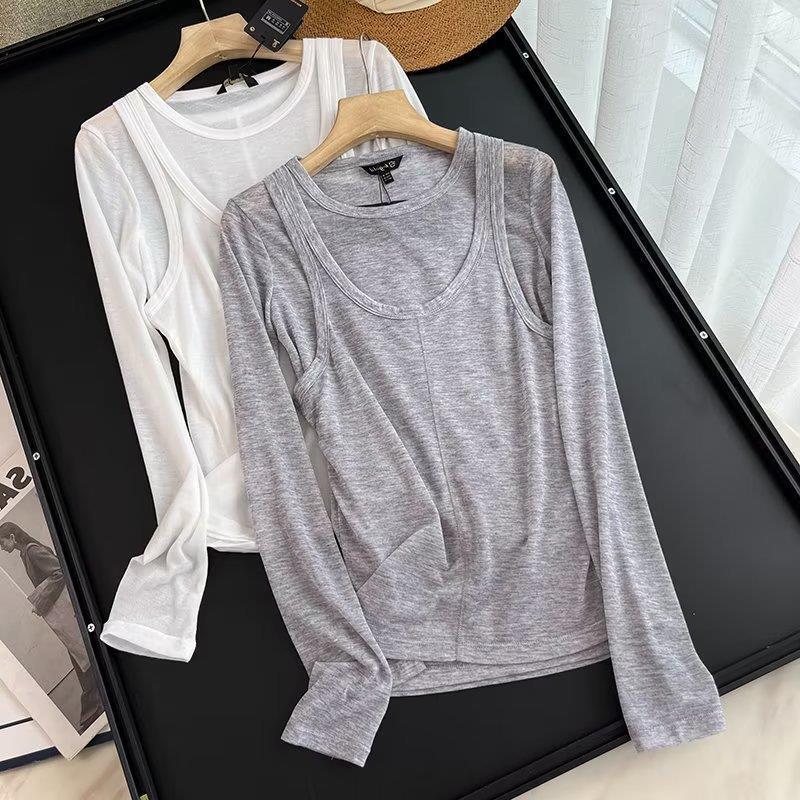 06207511803BM & MD & ZA Spring New Women's Slim Fit Design Sense Double Long Sleeve T-shirt Base Shirt