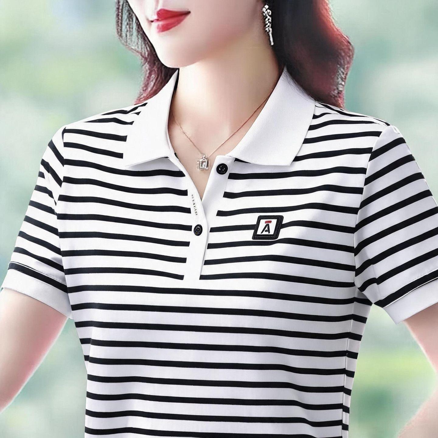 New striped short-sleeved polo shirt with a turn-down collar, suitable for middle-aged mothers, slimming top.