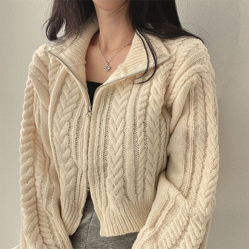 Autumn/Winter New Korean Style Retro Chic Student Solid Color Crochet Cardigan for Women with Double Zipper Knit Top