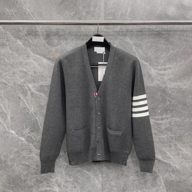 Men's and Women's High-Quality Classic Striped V-Neck Cardigan with Four Stripes, Loose-Fitting Couple's Style Knit Sweater, Long-Sleeve Jacket
