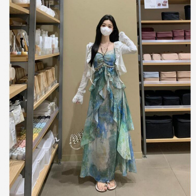 大码法式时尚印花雪纺吊带连衣裙女夏季胖设计感垂感显瘦长裙子|undefined