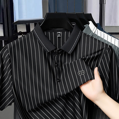 Summer New Men's Short Sleeve T-Shirt Youth Men's Vertical Stripe Half-Sleeve Polo Collar T-Shirt Men Cross-Border Foreign Trade