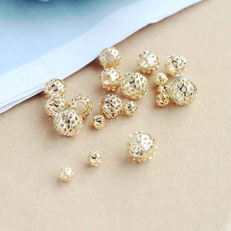 14K包金光面圆珠 网格镂空散珠 原创设计diy保色手工手链隔珠配件