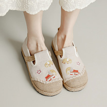 民族风大象绣花布鞋女 手工刺绣亚麻软底透气舒适平底编织女单鞋