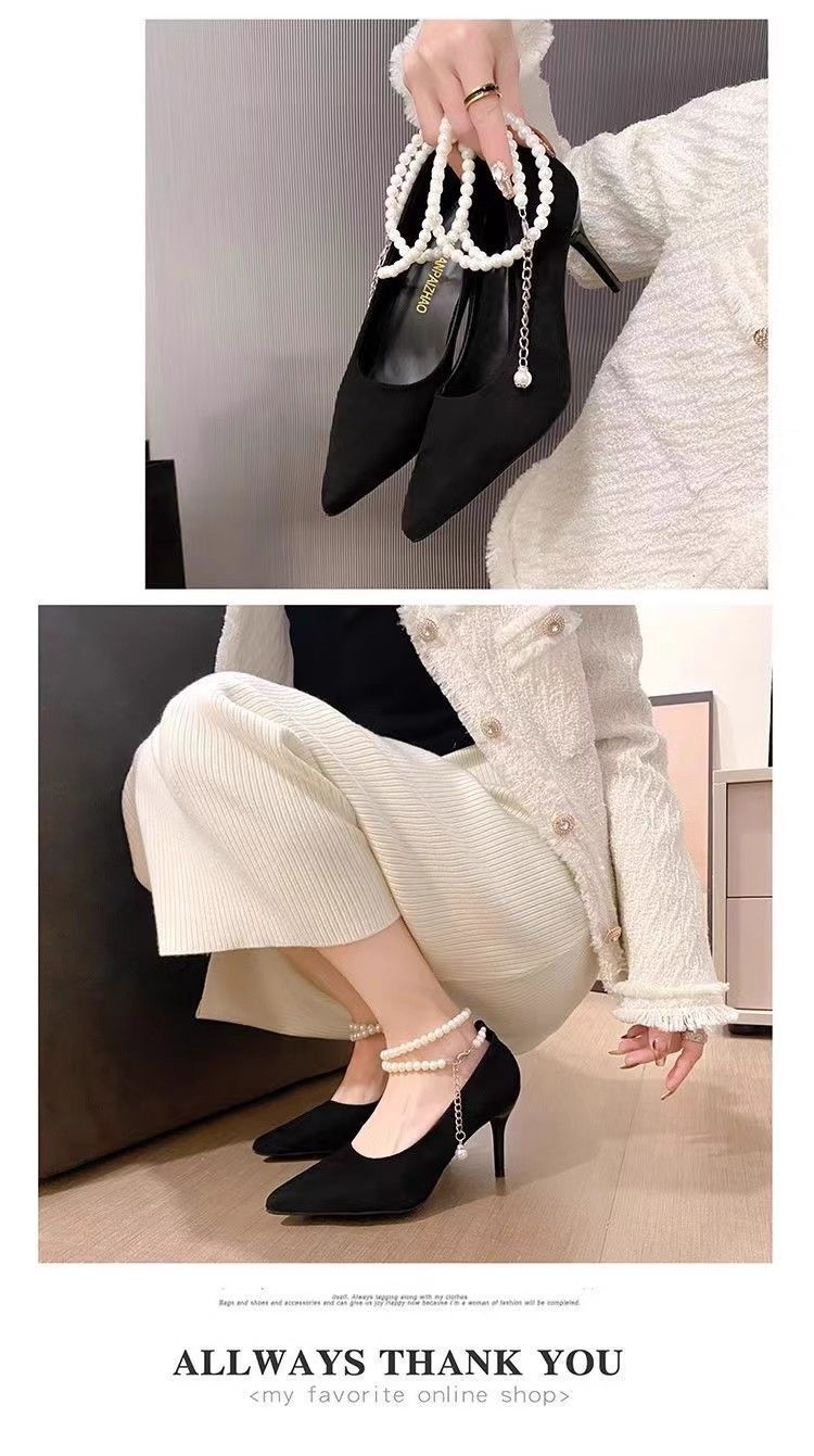 Pointed Toe Pumps 2024 New Model Pearl Suede High-End Fairy Black Thin Heel Non-Slip Strap High Heels For Women_voghion.com
