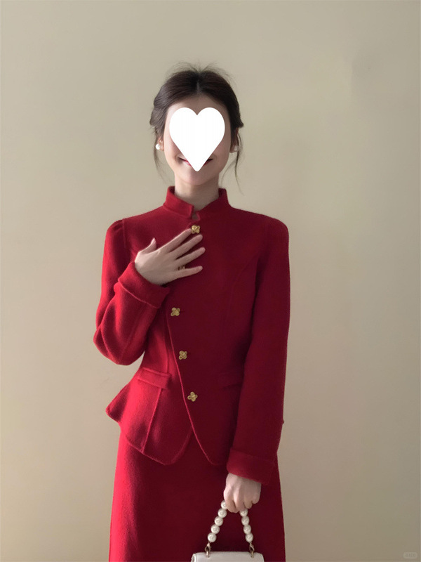 Engagement Dress, Skirt, Two-Piece Occasion Red Chinese Style Suit, Women's Autumn and Winter Jacket, Old Money New Chinese Style Formal