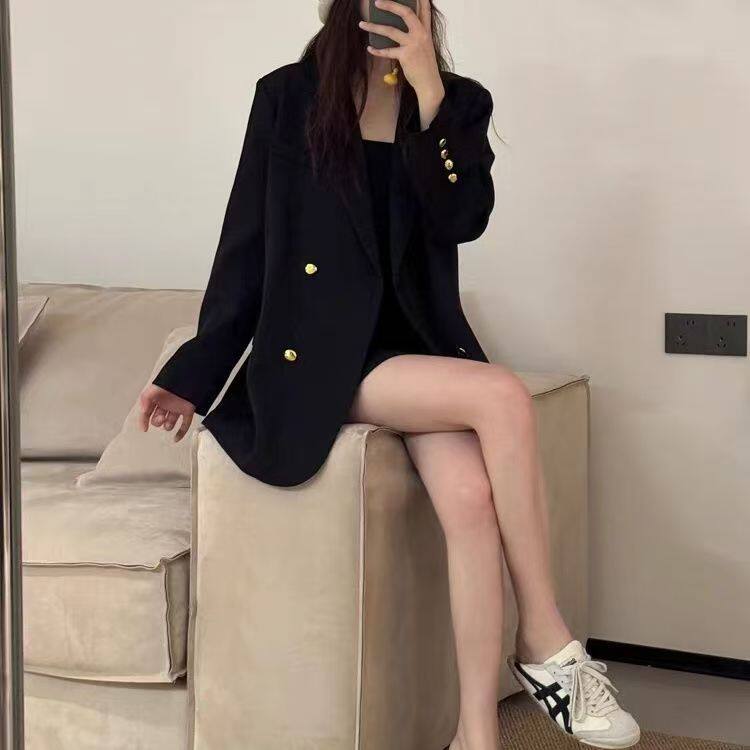 Áo vest nữ màu đen dáng rộng cổ vest một hàng cúc tay dài — màu đen chi tiết 9