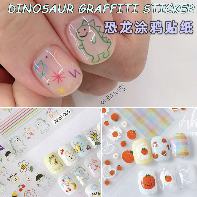 Ins Graffiti Dinosaur Nail Art Stickers with Adhesive Backing, Small Patterns, Heart Cartoon Nail Decoration Stickers, Mixed Styles