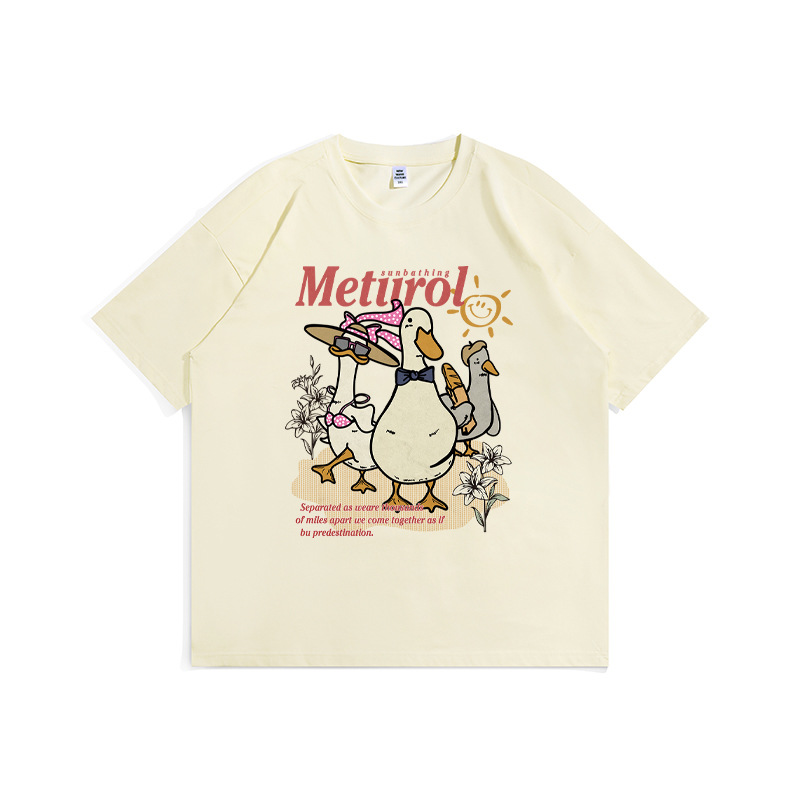 American Trendy Duck Print Kurzarm T-Shirt Herren Loose Oversize Trendy High Street Paar Vielseitiges T-Shirt_voghion.com