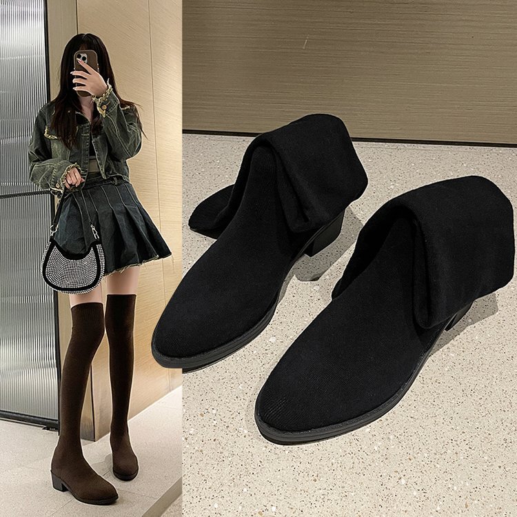 Over-the-knee boots women's autumn and winter new long elastic boots slim thick heel knitted socks boots plus size women's shoes wholesale