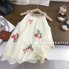 女童韓系繡花連衣裙夏季新款小女孩無袖掛脖花朵沙灘背心裙潮外貿