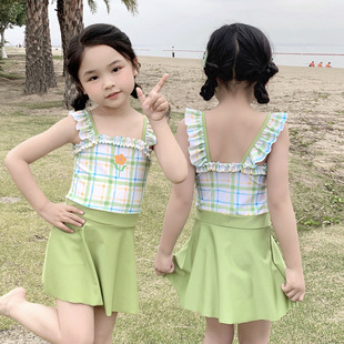 Children's Swimsuit Nylon Girls' Toddler Korean Style Plaid Strap Fresh Swimwear Vacation Korean Style Fresh