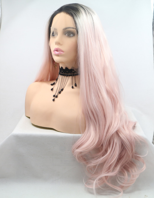 Nuevos productos europeos y americanos, negro, rosa, ondas grandes, cabello largo y rizado, peluca semi-tejida, encaje frontal de fibra química LW0324