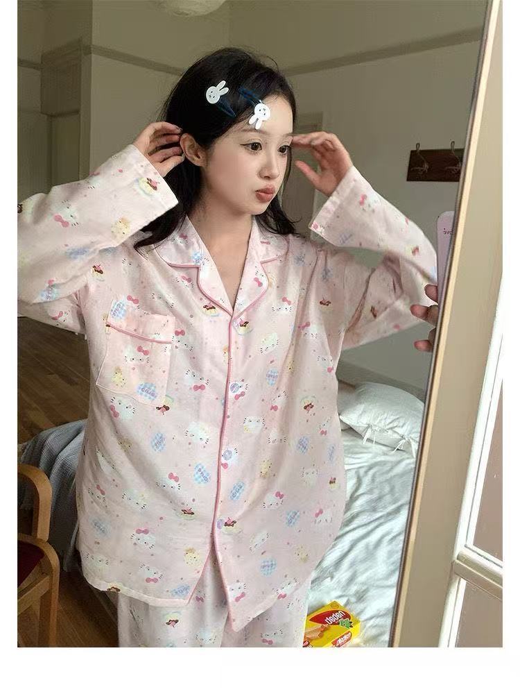 Pijamas de otoño al por mayor transfronterizos mujeres nuevas nubes de algodón de manga larga con solapa pequeña manga larga pantalones largos casuales set de ropa casera
