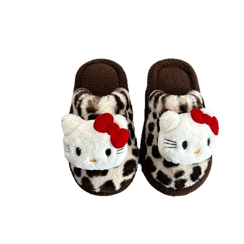 Hello Kitty zapatillas estampadas de leopardo interior de peluche de peluche de invierno anti-deslizante calentamiento al por mayor zapatillas de algodón lindas