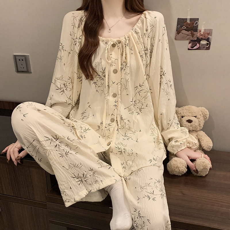 ベビードール襟パジャマ女性の春と秋の長袖 E スイートプリンセス花綿糸ホームウェア|undefined