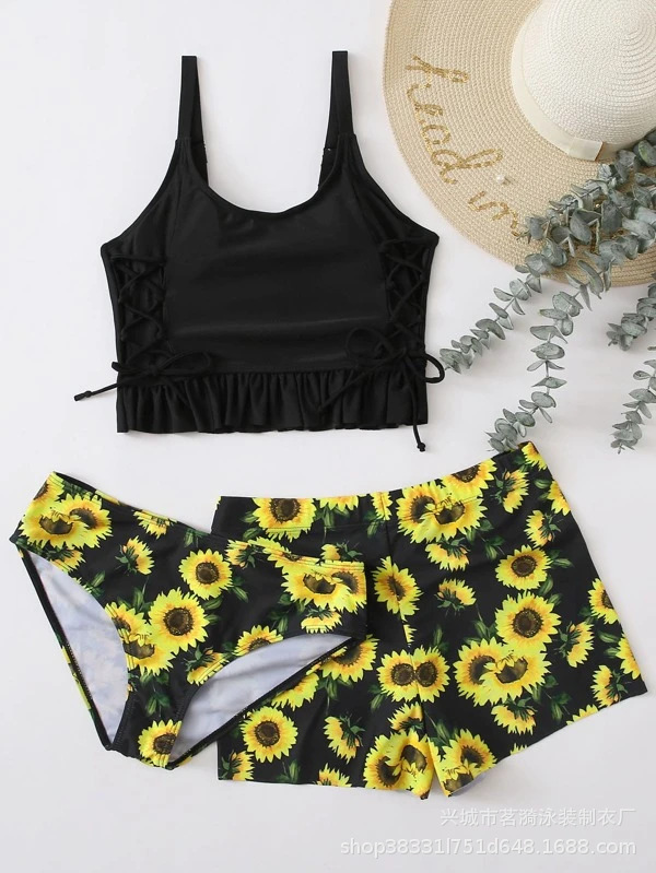 Mingyi nueva moda europea y americana sexy Bikini correa de hombro doble impresa pantalones dobles traje de baño de tres piezas para mujer