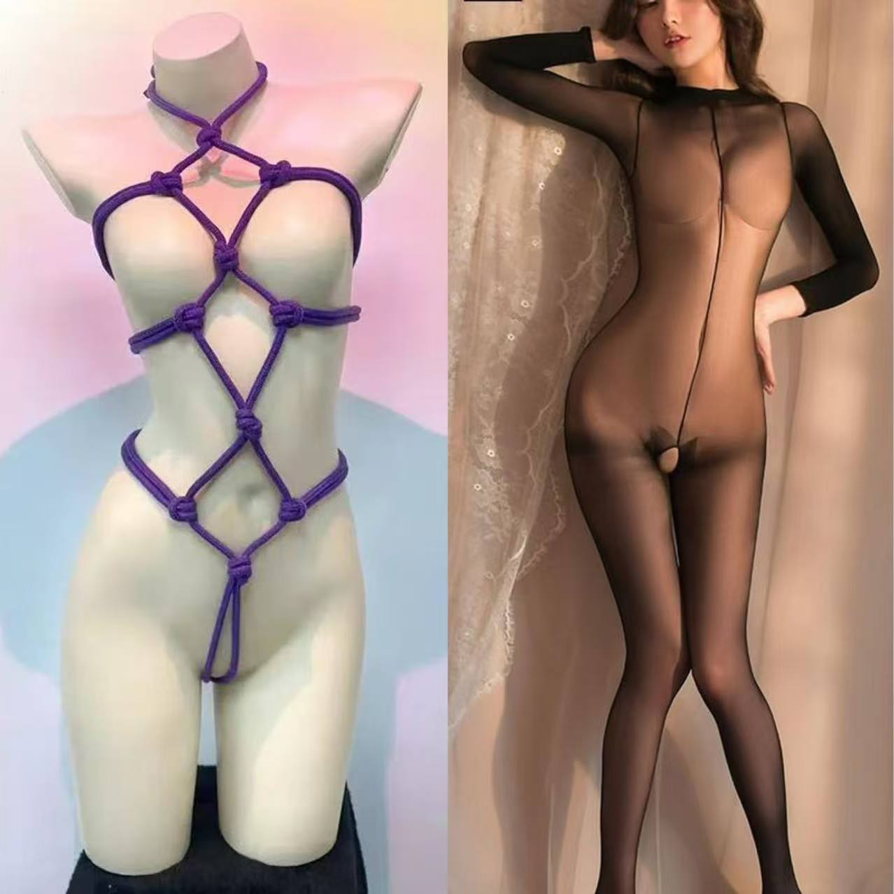 Open-Crotch Mesh Lingerie Set with Bondage Rope Detail, See-Through Polyester, One Size — detail image 7
