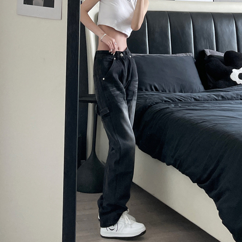 American-style Washed Black Logging Overalls Autumn New High Street Casual Straight Loose Slimming Low-rise Jeans