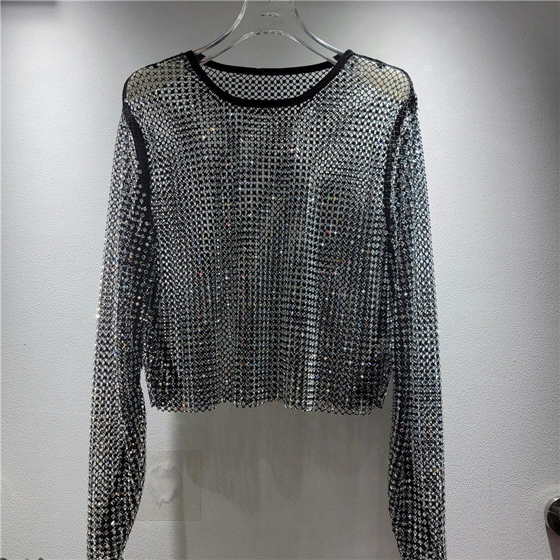 Nuevos productos europeos industria pesada caliente sensación de hielo estrella de diamante de cuello redondo camiseta de manga larga camiseta de perspectiva hueca camiseta