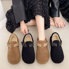2025复古圆头毛毡加绒勃肯鞋女加绒秋冬季保暖一脚蹬棉毛呢乐福鞋