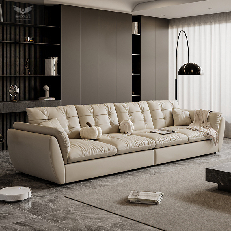 Piel de vaca de primera capa, sofá de red de línea recta de alta gama, sala de estar, sofá de cuero minimalista moderno, Mocha, nube minimalista italiana image 3