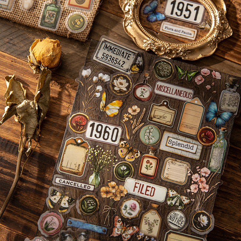 Rosemary viejos sueños materiales retro PET pegatinas ramo etiqueta mariposa collage multi-tamaño combinación decoración de campana de mano