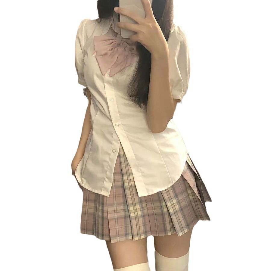 여름 JK 유니폼 허리 탄성 셔츠 탑 반팔 대학 스타일 흰색 푹신한 슬림 뜨거운 여자 셔츠 여성을위한