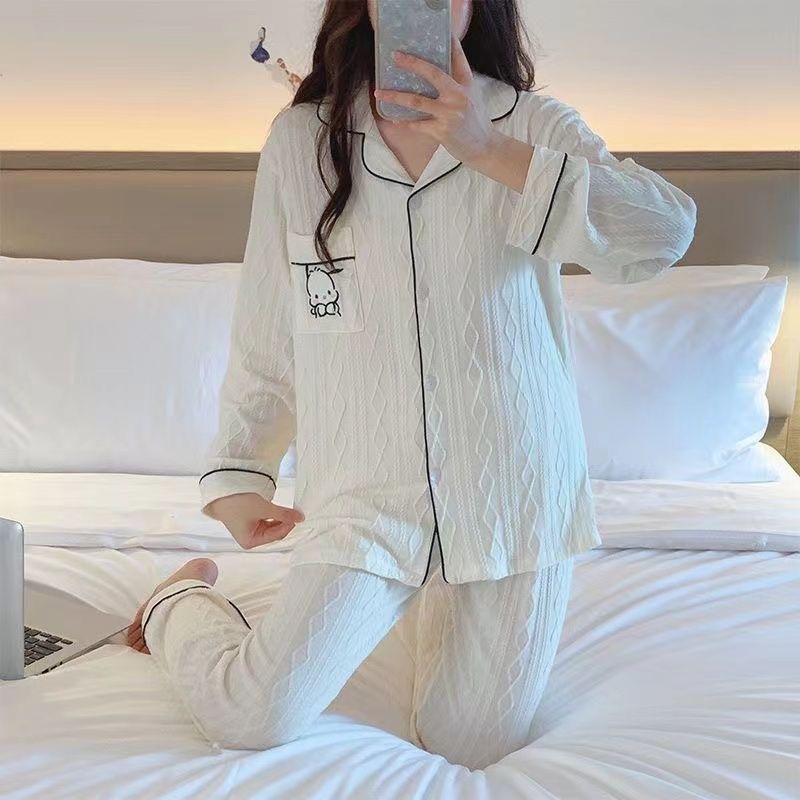 Al por mayor transfronterizo primavera y otoño nuevo algodón jacquard pijama de manga larga de mujer cardigan con solapa dulce encantador conjunto de ropa para el hogar