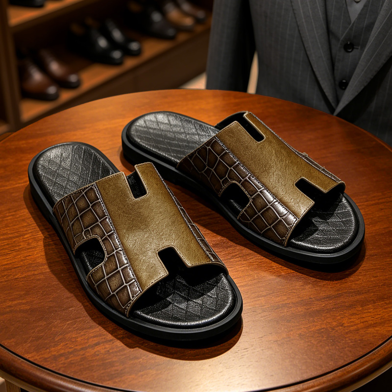 Horsehair Patchwork Slip-On Sandals for Men, Genuine Leather with Crocodile Pattern Embossing, Fashionable Retro Style, 2026 New Model, Hot-Selling Foreign Trade Sandals Horsehair Patchwork Slip-On Sandals for Men, Genuine Leather with Crocodile Pattern Embossing, Fashionable Retro Style, 2026 New Model, Hot-Selling Foreign Trade Sandals
