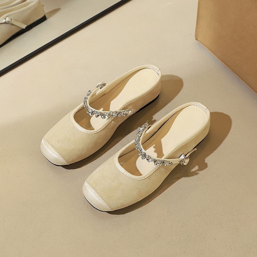 850 Korean version rhinestone flat belt comfortable half drag hollowed out inner height increase toe cap women's shoes round toe suede daily slippers