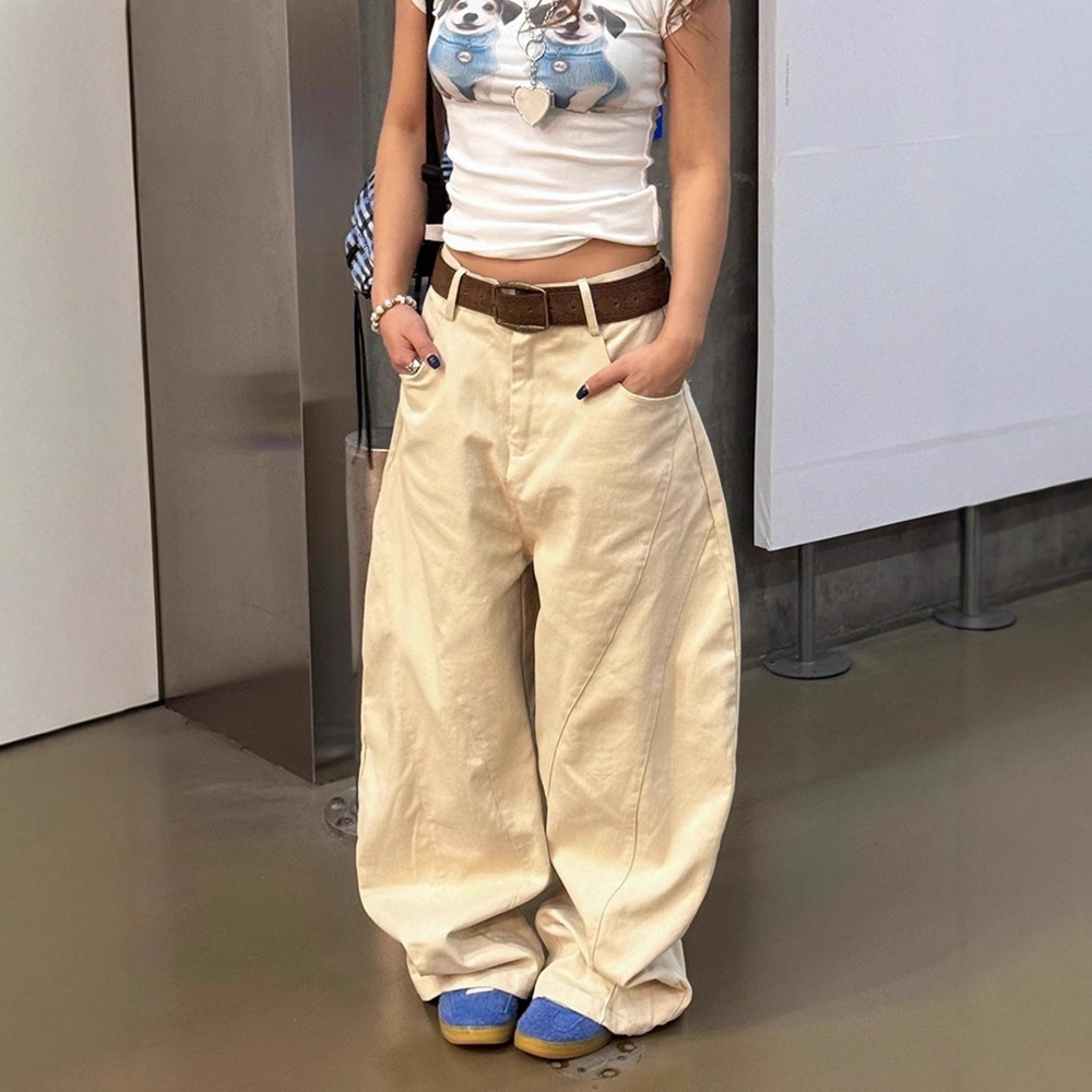 Straight Loose Fit Petite Pants for Women, Embroidered High-Waisted Scimitar Pants, Pear-Shaped Slimming Wide-Leg Scimitar Jeans for Women