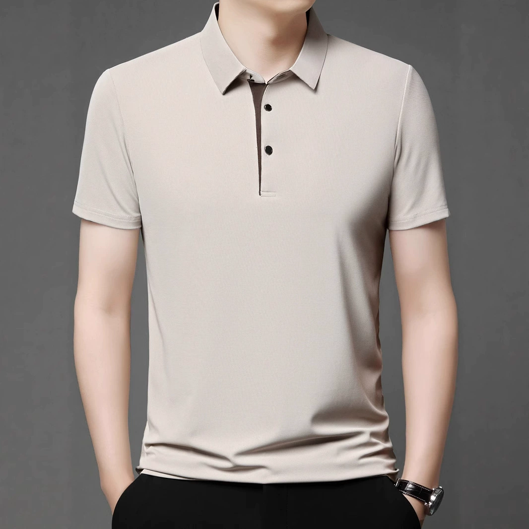 Мужская футболка из ледяного шелка с короткими рукавами и лацканами, свободная деловая повседневная рубашка-поло, летняя эластичная толстовка, топ, футболка для мужчин
