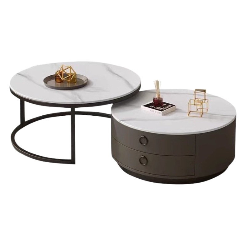 Mesa de té de tabla de roca redonda lujosa moderna y simple sala de estar pequeña oficina doméstica casa de alquiler red de vidrio