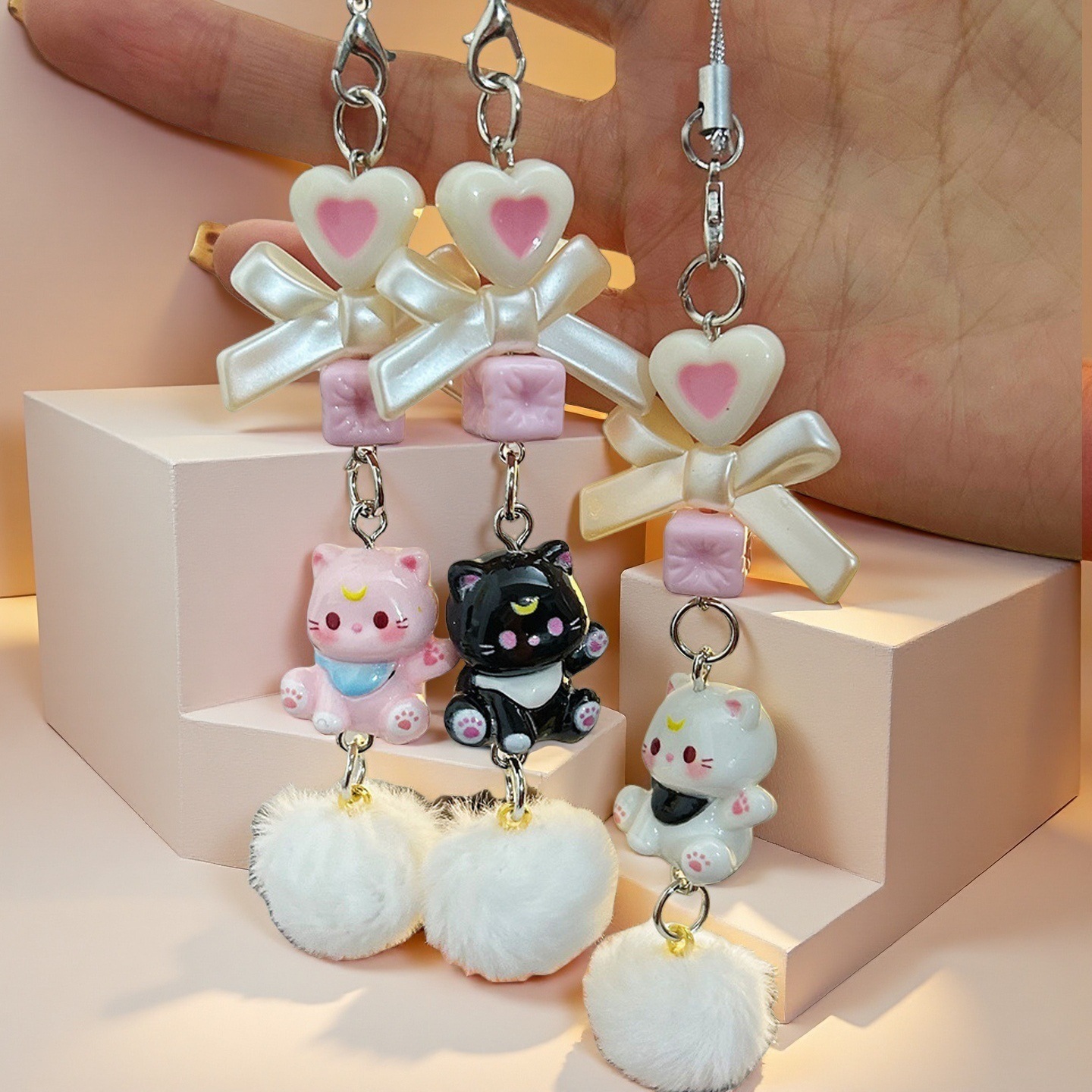 Ins Style Sweet Girly Heart Greeting Cartoon Kitten Mobile Phone Rope Bow Beaded Pendant Fur Ball Pendant