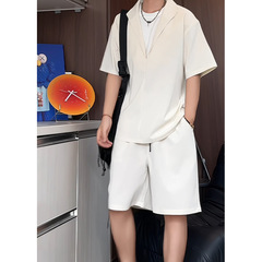 夏季新款老钱风套装冰丝假两件短袖T恤短裤男青少年潮流帅气男装