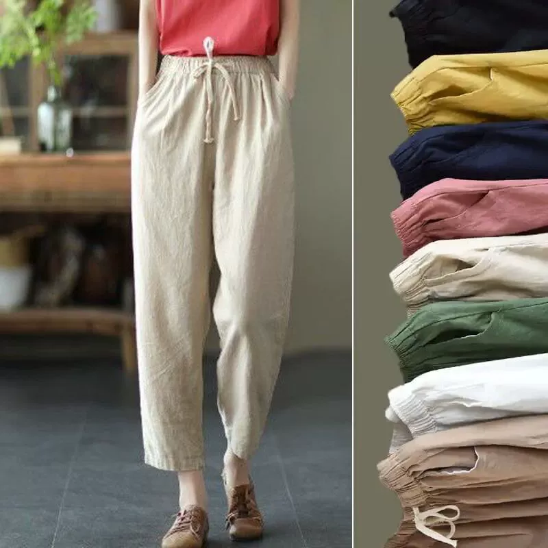 Хлопок пеньковые брюки дети эластичный талия свободные повседневные брюки 2024 весна и лето новые ретро тонкие шнуровки редьки шаровары