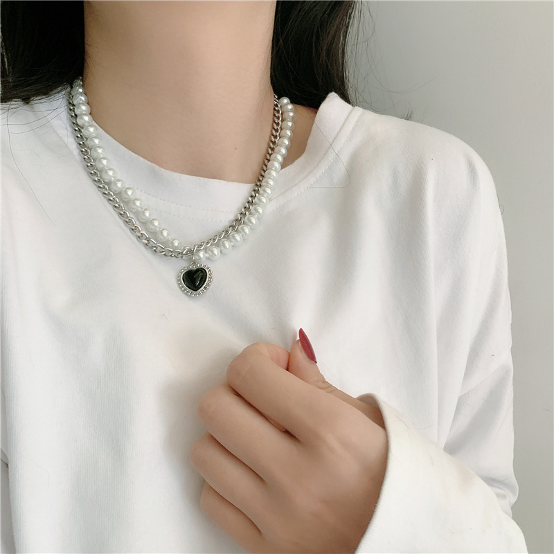 fashion new style Double Titanium Steel Pearl Necklace