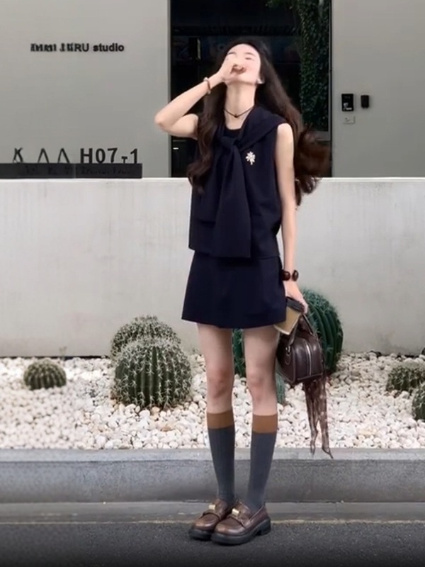 ショールノースリーブウエストAラインショートスカート女性用2025新しい夏服見栄えの良いスカートスーツ|undefined