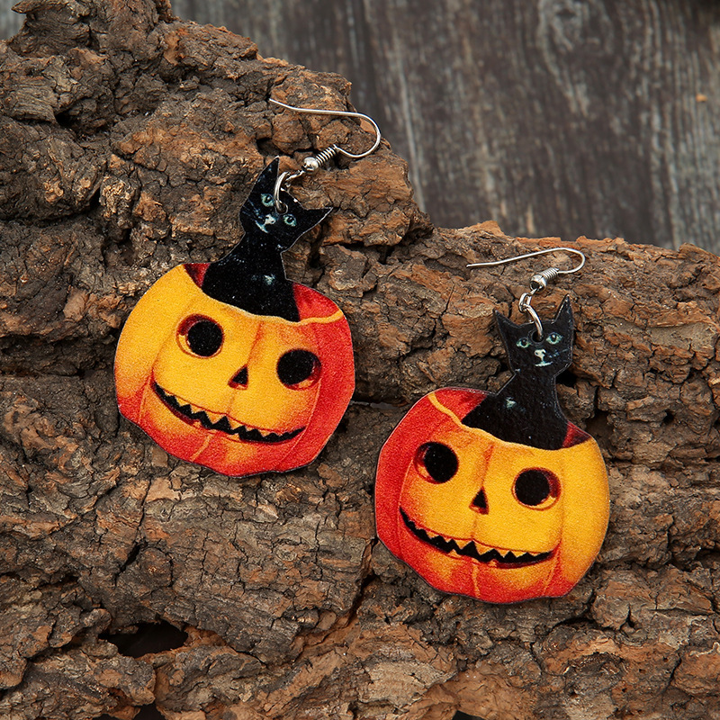 Wholesale Halloween Cat Pumpkin Wooden Earrings Nihaojewelry display picture 1
